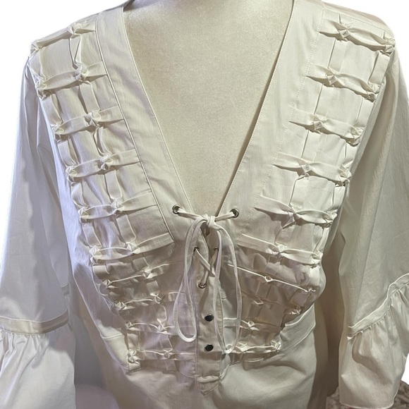 Lane Bryant Pullover White/Blouse-Pleated- Lace Up-Bell Sleeves- Sizes 18-20 - Picture 6 of 9